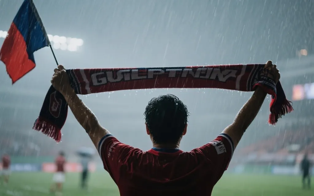 球迷在雨中举着围巾，氛围温柔坚定，象征理性支持