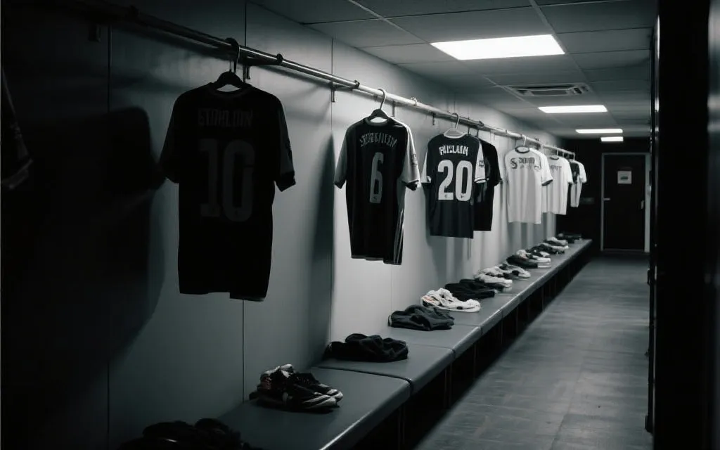 更衣室走廊与光影，象征团队凝聚与比赛前的沉默